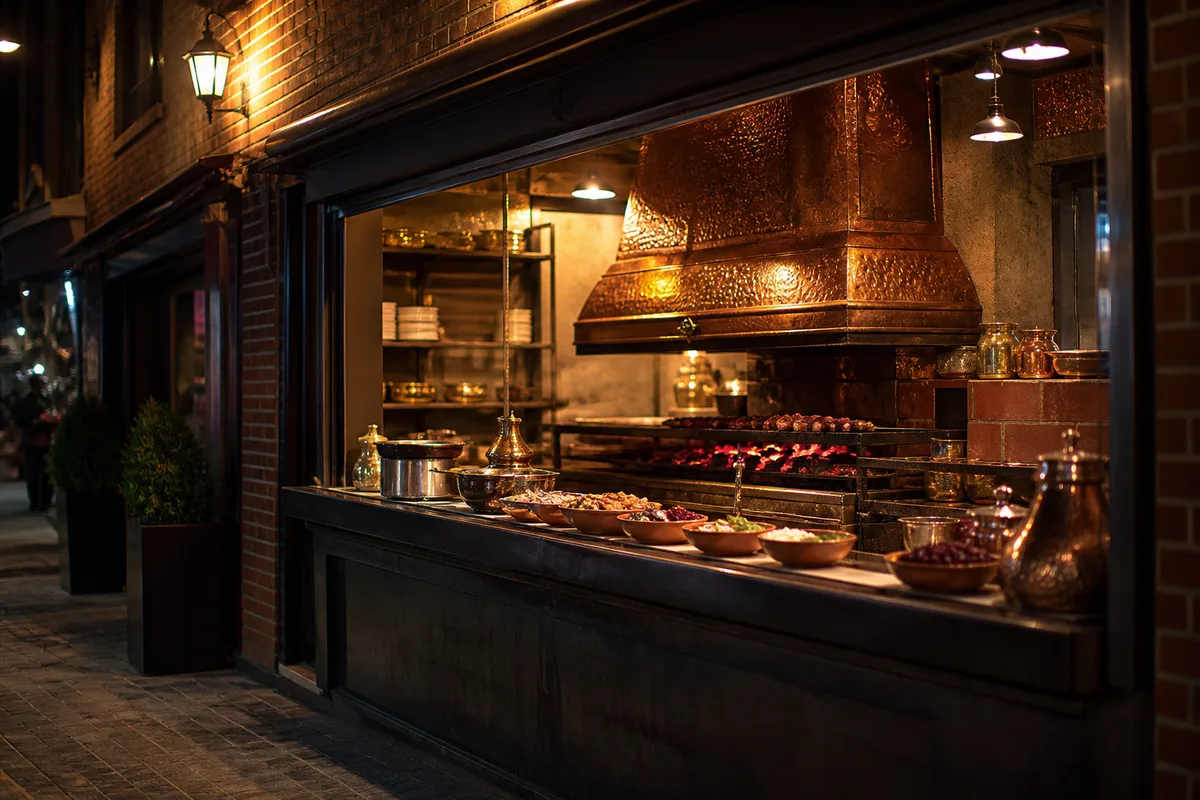 Comptoir de restauration rapide vu de nuit, éclairage chaud et vitrine ouverte