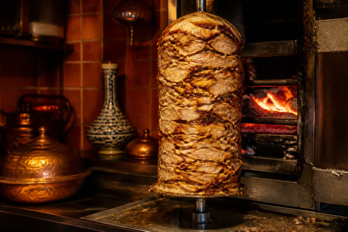 Broche verticale de döner devant un mur carrelé, tranches de viande dorées