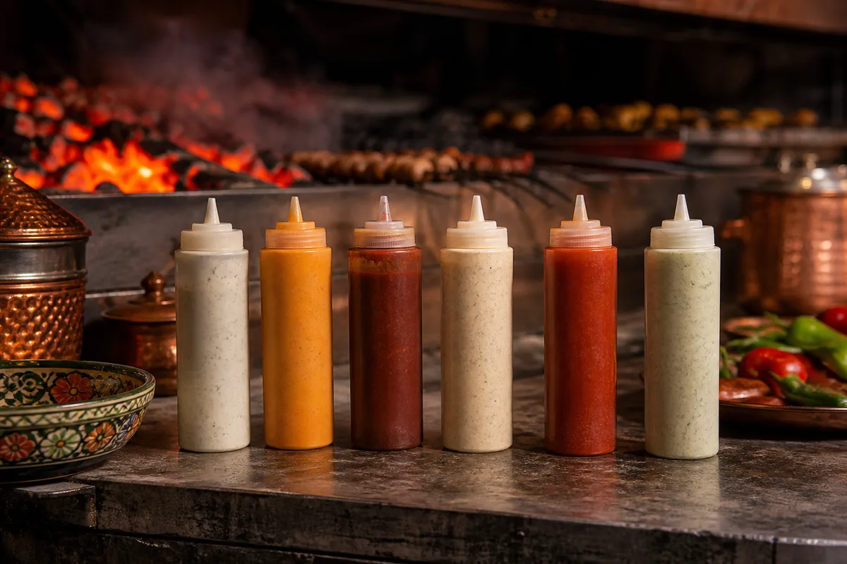 Flacons de sauces alignés sur un comptoir de restauration rapide