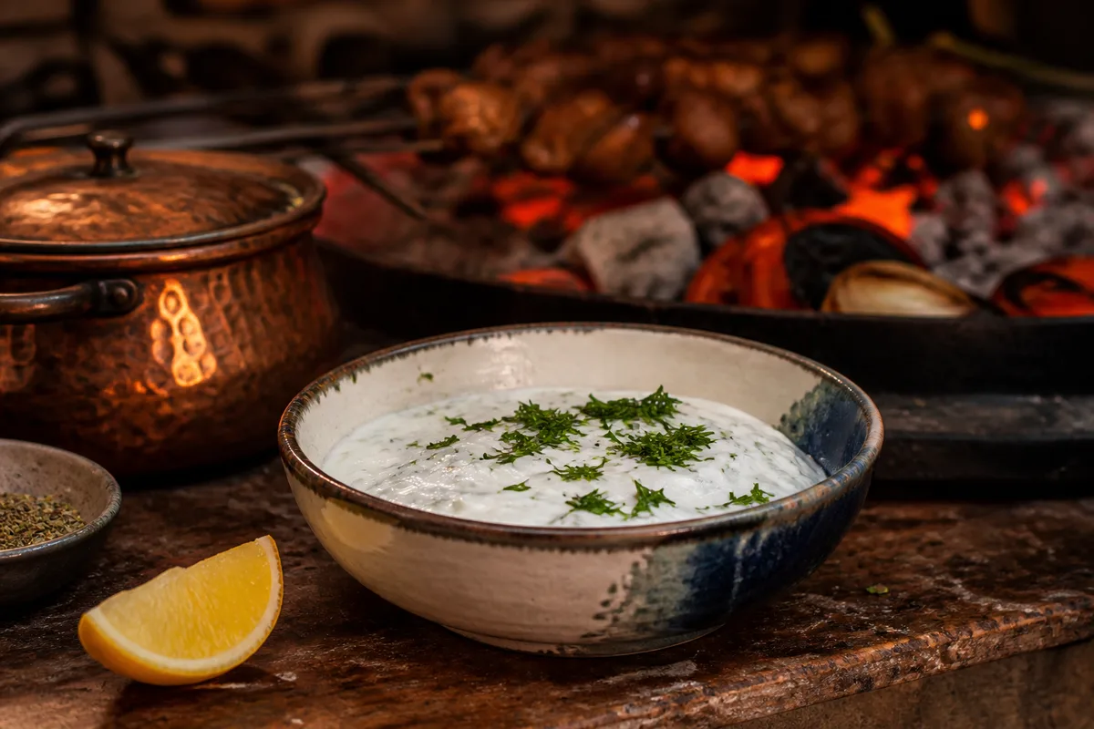Bol de sauce blanche maison au yaourt avec herbes fraîches et citron