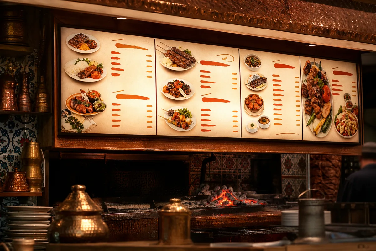 Panneau lumineux d’une carte de restauration rapide avec listes de plats