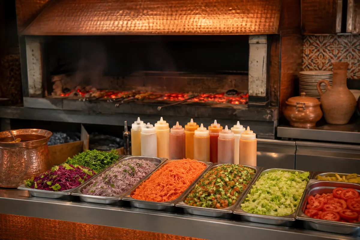 Comptoir de préparation avec bacs de crudités et flacons de sauce alignés