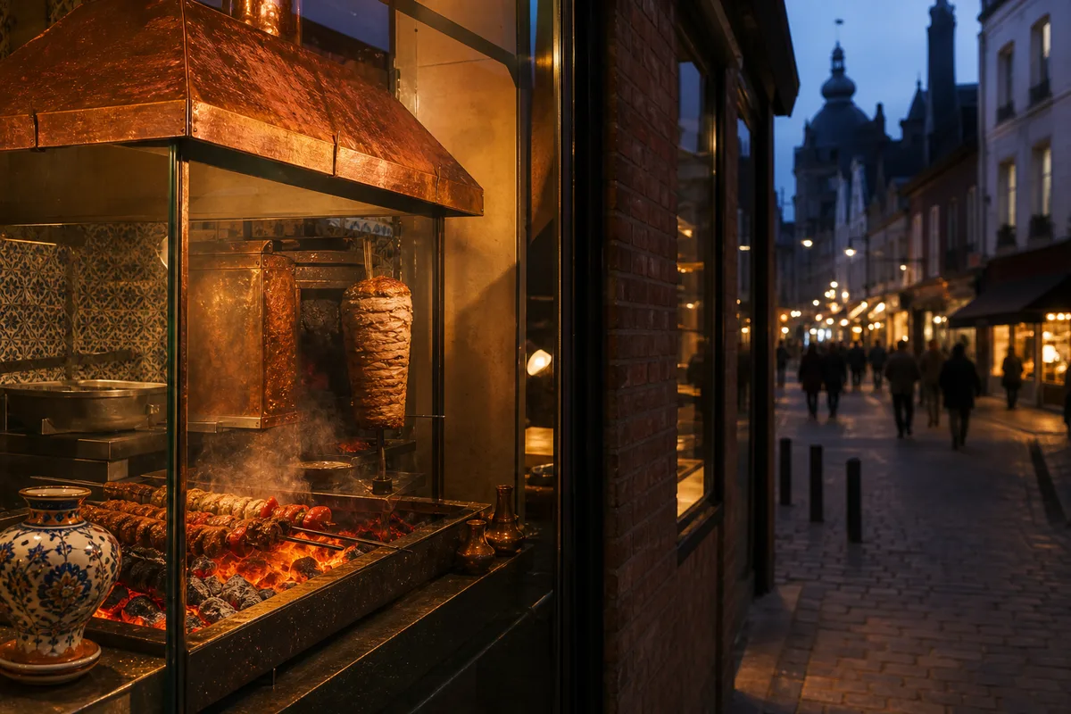Rue commerçante du centre d’Amiens en soirée, vitrines de restauration rapide éclairées