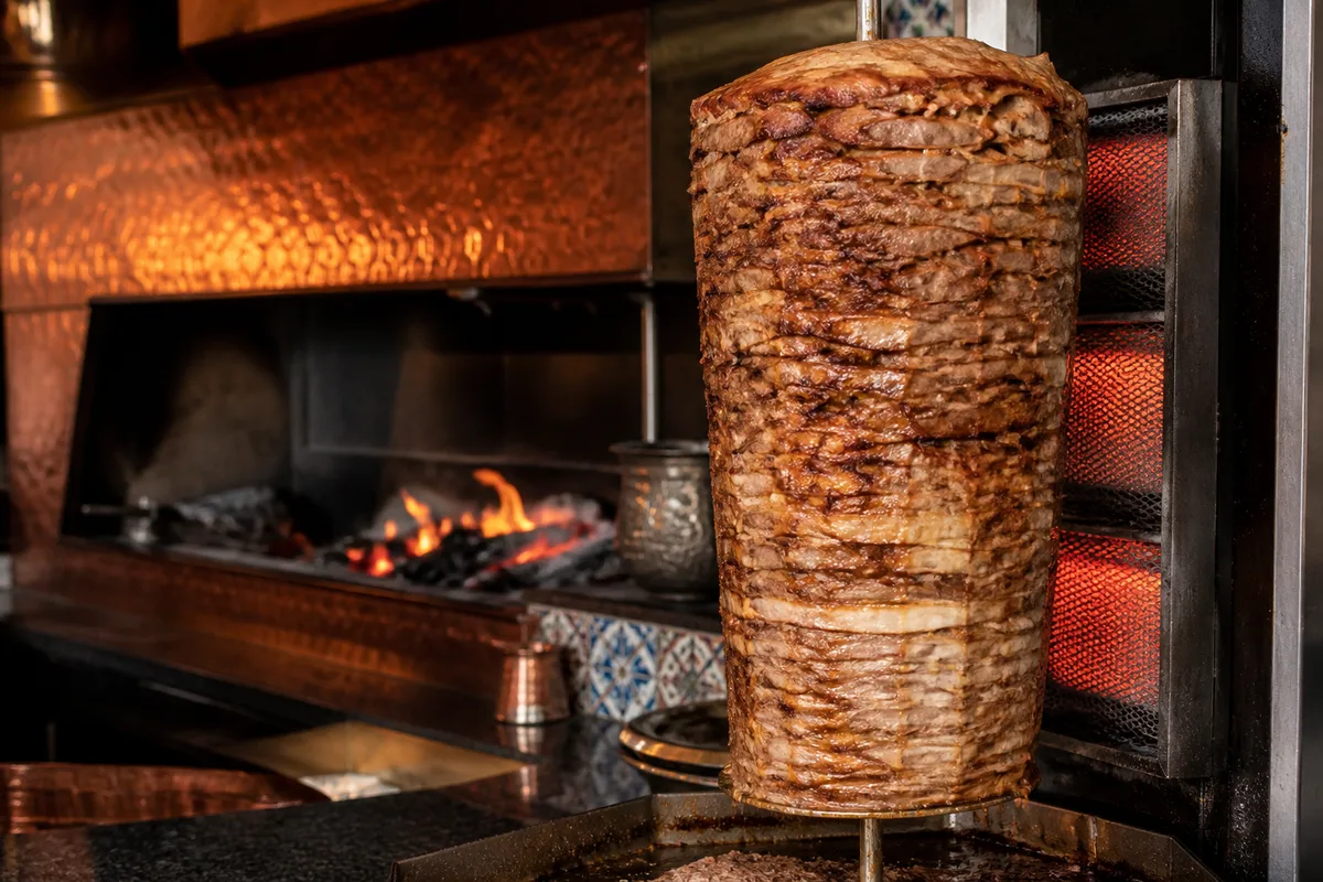 Broche verticale de kebab en cuisine, tranches dorées prêtes à être prélevées